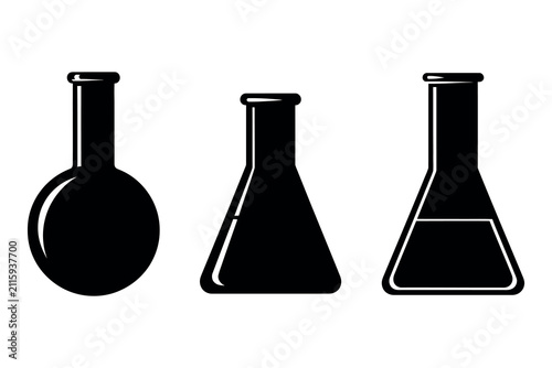 Bild auf Leinwand Black silhouette of three laboratory flasks round bottom erlenmeyer and beaker