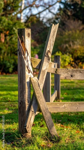 Wooden fence panel is broken in a garden with green grass and trees in the background