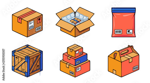 E-commerce shipping package vector icon set including cardboard box, bubble wrap, poly mailer, wooden crate, and takeaway container