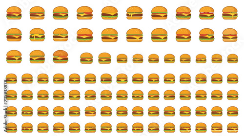 Canvastavla A large collection of identical cheeseburgers arranged in rows and columns on a white background