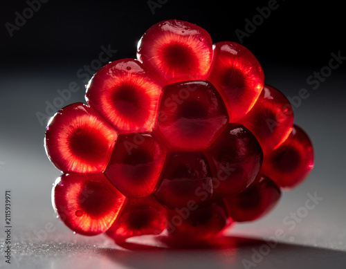 Macro photography of ruby red pomegranate arils on a dark surface showing details and texture