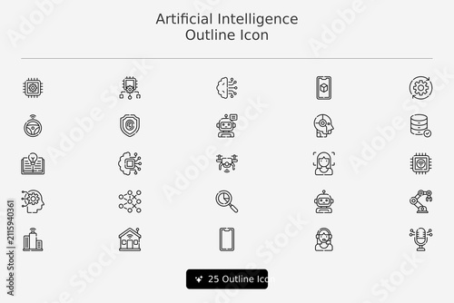 Set of Artificial Intelligence Outline Icons for Technology Use