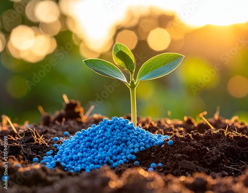 Blue fertilizer granules scattered on soil around young plant in sunlight