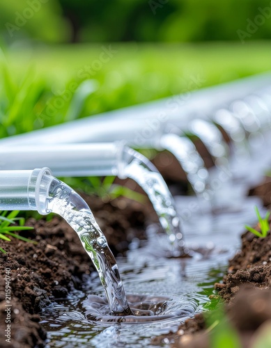 Water flows through clear irrigation pipes in a garden setting