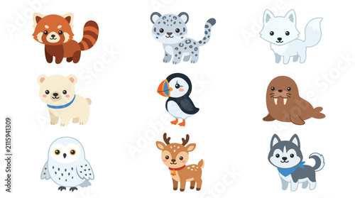 Cute cartoon arctic and forest animals collection