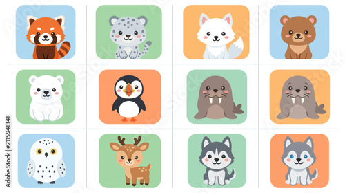 Cute cartoon arctic and forest animals collection