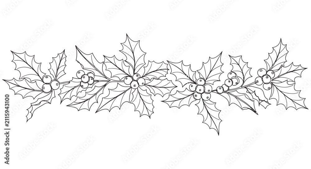 Fototapeta premium Holly branch ornament black and white line art illustration on white background