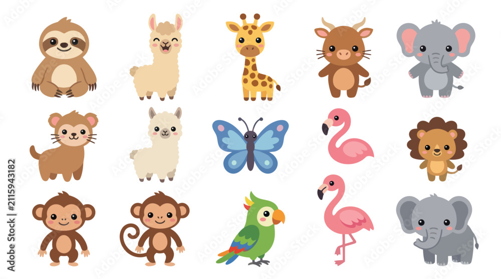 Fototapeta premium Cute cartoon safari animals and birds collection