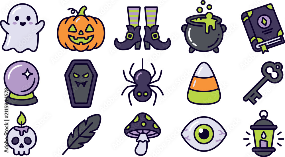 Fototapeta premium Cute Halloween vector icon set featuring spooky magical characters and symbols