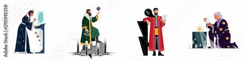 Obraz na płótnie Collection of mystical scholars and mages practicing magic, astrology, and ancient arts using advanced or celestial technology in flat vector style