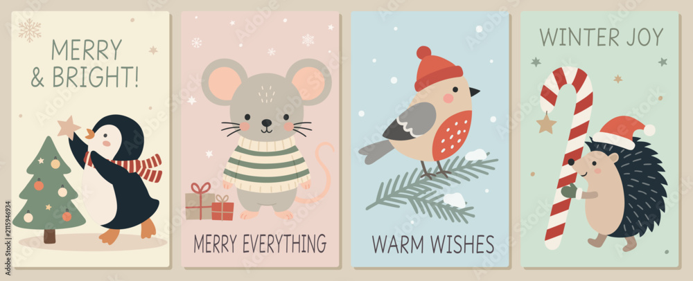 Obraz premium Christmas greeting card set with penguin, mouse, bird, hedgehog, tree, candy cane, gifts, and cute winter animal wishes design