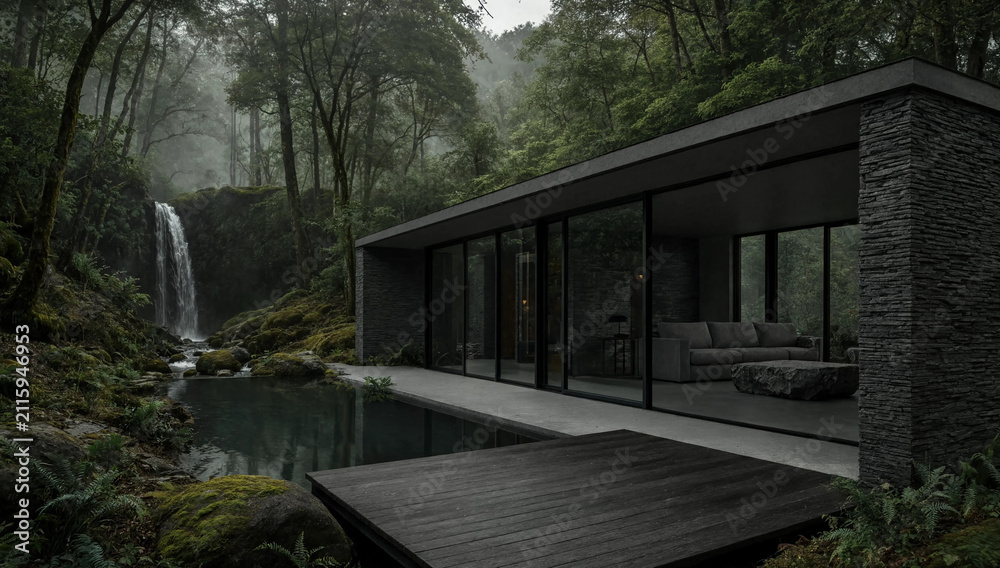 Fototapeta premium Ultra Minimalist Forest Pavilion With Pure Render Facade, Black Steel-Framed Glass Sliding Doors And Warm Timber Deck Nested Beneath Mature Canopy Trees Above Reflective Pond (AI-Generated)