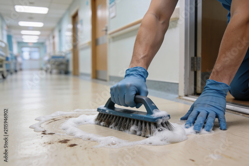 Foto Healthcare worker in blue gloves scrubs a spill on a hospital corridor floor