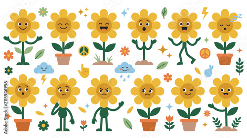 Canvas Print Sunflower character different poses and emotions illustration set