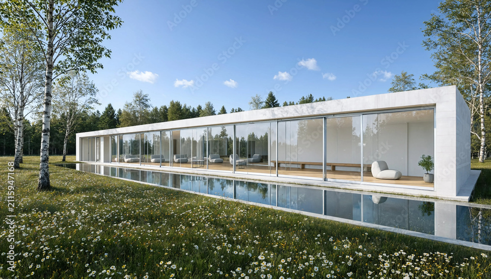 Fototapeta premium Ultra Minimalist Forest Pavilion With Pure Render Facade, Black Steel-Framed Glass Sliding Doors And Warm Timber Deck Nested Beneath Mature Canopy Trees Above Reflective Pond (AI-Generated)