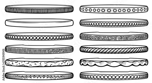 Set of ten decorative bangles with various textures and geometric patterns in black and white ink drawing style