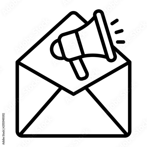 email marketing outline icon. megaphone emerging from open envelope. represents newsletter promotion and subscriber outreach. digital campaign strategy