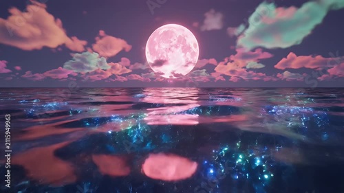 Surreal Ocean Scene Under a Giant Pink Moon Reflecting Across Glowing Waters