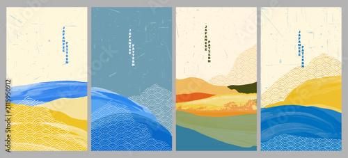Vector illustration. Japanese wave pattern landscape background with 3d brush stroke texture. Grunge style mountains and sea. Trendy oriental design for flyer, leaflet. Nature-inspired asian style