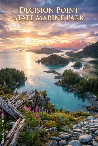 Decision Point State Marine Park Alaska a Stunning Coastal Sunset View Over Scenic Alaskan Marine Wilderness and Rocky Shoreline Landscape