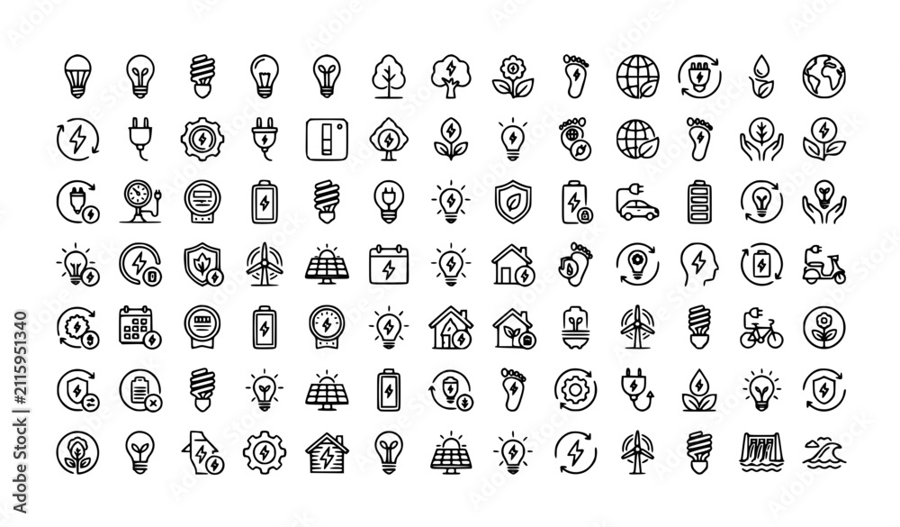 Fototapeta premium Editable Energy Reduction Renewable Sustainability Vector Icon Set