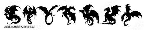Fantasy dragon silhouette icon, hand drawn medieval mythology beast sticker, magic creature tattoo. Flying dynamic mystic monster wing print, legend folklore reptile symbol. Gothic dragon silhouette