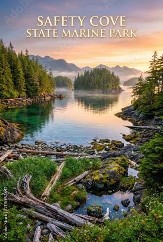 Safety Cove State Marine Park Alaska a Beautiful Sunset View Over Scenic Coastal Cove with Forest Trees and Mountains in Alaska Nature Reserve
