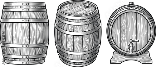 Foto Vintage Hand Drawn Wooden Barrels Collection with Front Angle and Tap Perspectiv