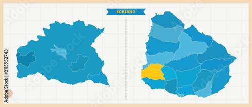 Soriano Department Highlighted in Uruguay Map, Modern Uruguay and Soriano Administrative Map, Colorful High Detailed Vector with Geographical Borders