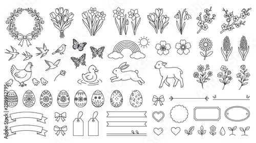 Canvastavla Spring easter outline icons with flowers and animals.