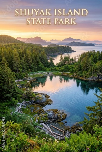 Pristine coastal wilderness sunset Shuyak Island State Park Alaska overlooking calm bay waters and lush evergreen forest reflecting serene atmosphere