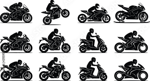 Cuadro en lienzo Motorcycle Rider Silhouette Collection Featuring Sport Bikes, Scooters, and Whee