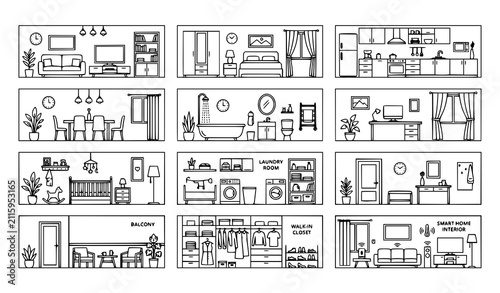 Set of hand drawn interior room icons showing living room kitchen bedroom bathroom nursery laundry and smart home