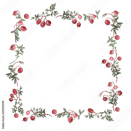 Fotografie Watercolor Cowberry Botanical Square Frame with Red Berries PNG