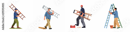 Set of male workers carrying and using different types of ladders for construction, maintenance, and repair tasks in flat illustration style.