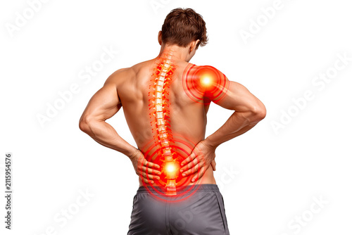 Human back pain with highlighted spine shoulder inflammation lumbar discomfort muscular strain anatomy isolated on white background