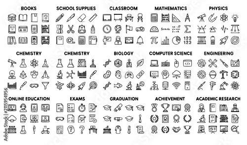 Set of hand drawn education and science icons categorized by subjects for school and university study materials