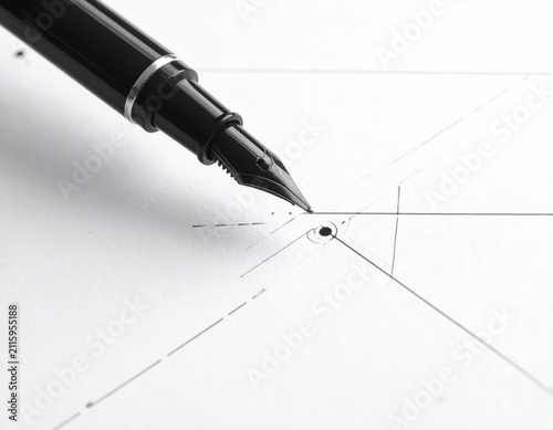 A black fountain pen poised over a white sheet with technical drawings