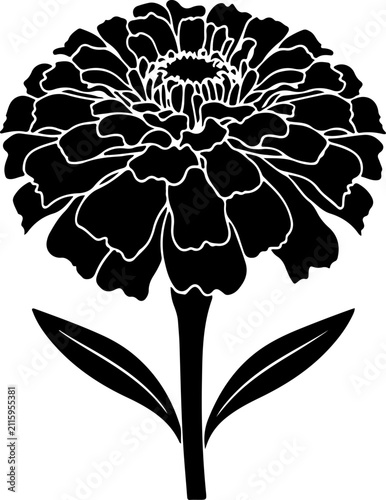 Zinnia flower silhouette vector, black floral blossom icon with stem and leaves, botanical garden plant illustration for laser cutting and logo design