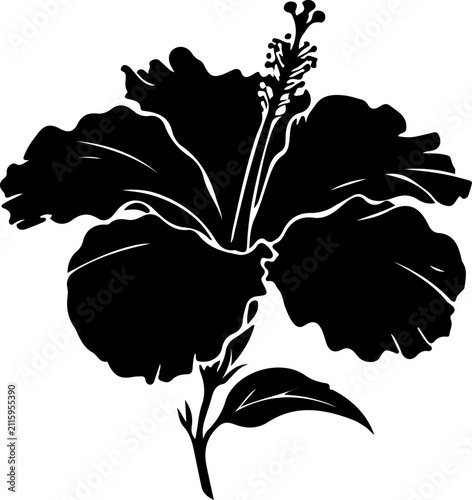 Hibiscus flower silhouette vector, black tropical blossom icon, exotic Hawaiian flora botanical element for summer branding and logo design
