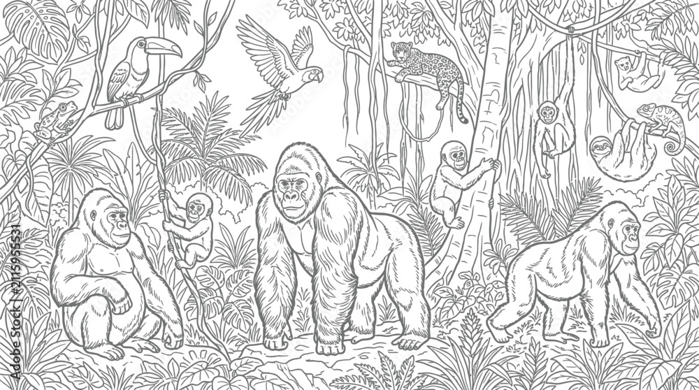 Naklejka premium Detailed black and white illustration of a lush jungle scene filled with various animals and dense foliage.