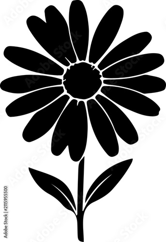Daisy flower black silhouette vector icon, blooming sunflower plant with stem and leaves, minimalist floral botanical element for logo design