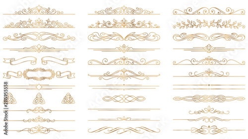 Quadro su tela Decorative gold filigree dividers and page ornaments set.