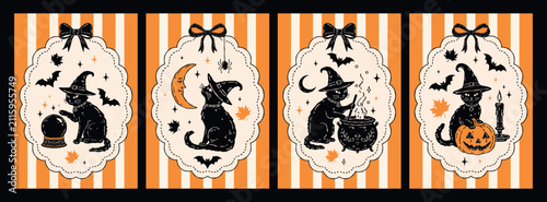 Fotografía Vintage Halloween vector greeting card set featuring witch cats, crystal ball, m