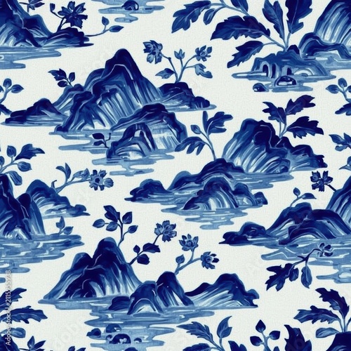 A pattern in the classic blue and white style of Chinese porcelain or Gzhel, combining large lush peony flowers, mountain silhouettes, and small stars.