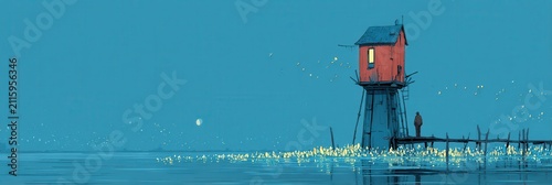 Serene Waterscape with a Vibrant House and Reflections at Dusk
