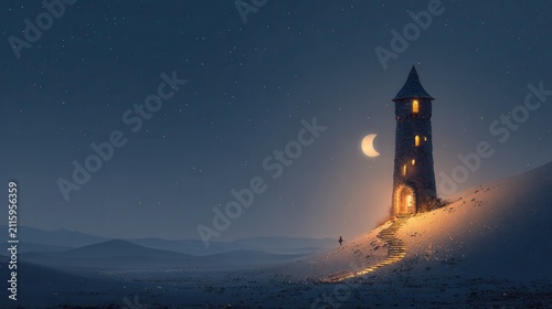Mystical Tower Under Moonlight in Serene Desert Landscape