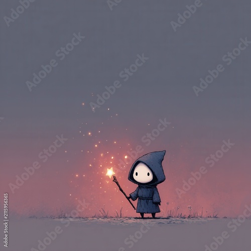 Enchanting character with glowing wand in a dreamy landscape setting