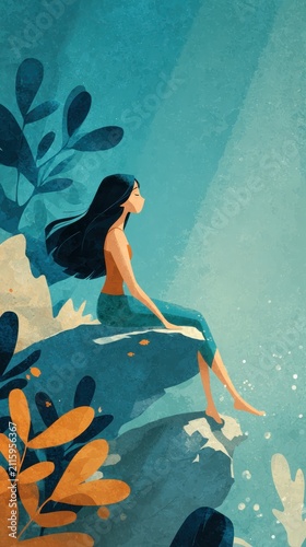 Serene Woman Sitting on Rock in Tranquil Water with Vibrant Plants