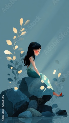 Serene Mermaid Sitting on a Rock Surrounded by Soft Lighting
